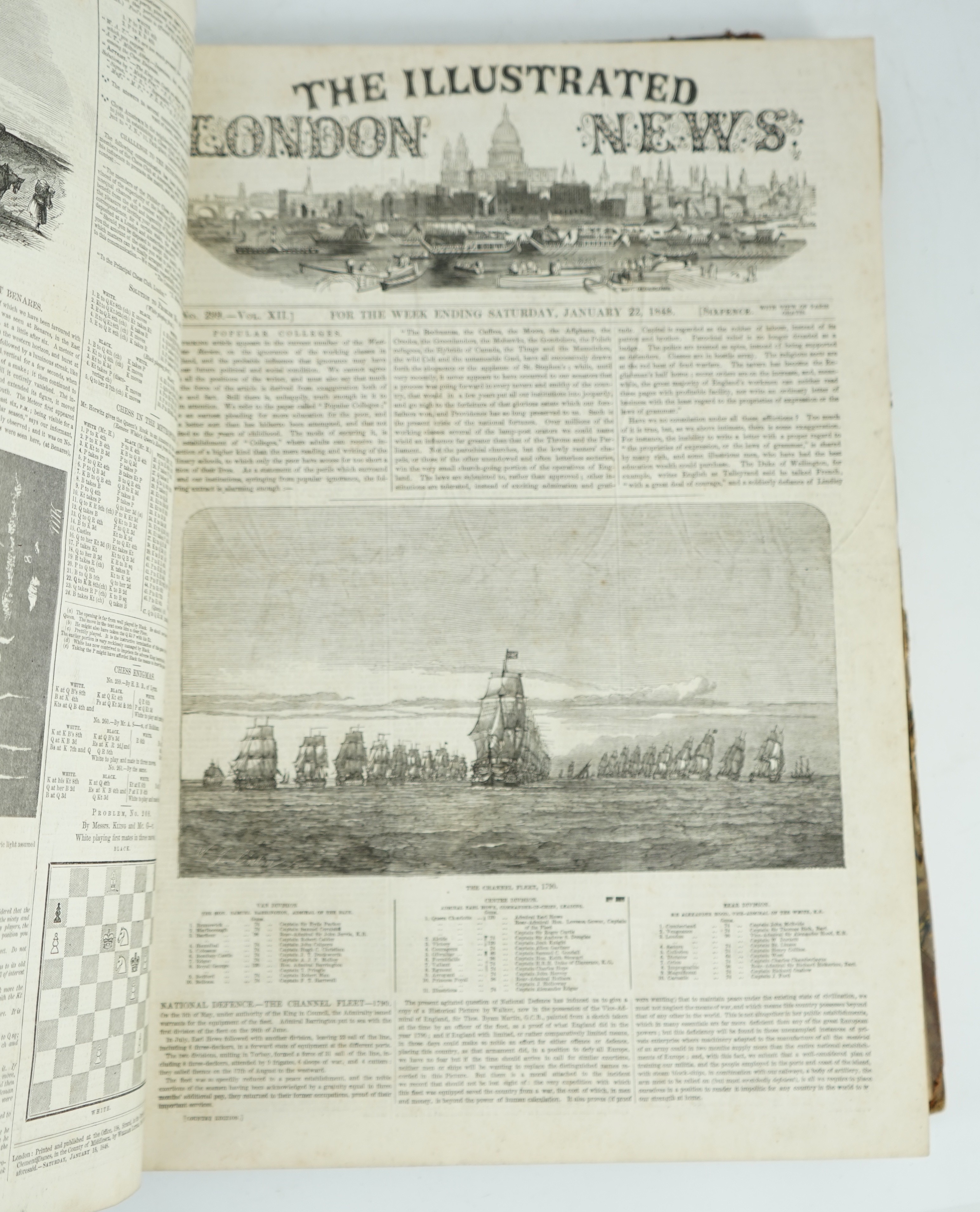 The Illustrated London News, vol.12 (Jan. to June 1848). pictorial engraved title and wood engraved illus. throughout and with large folded panoramic frontispiece (Paris in 1848); old half leather and marbled boards, fol